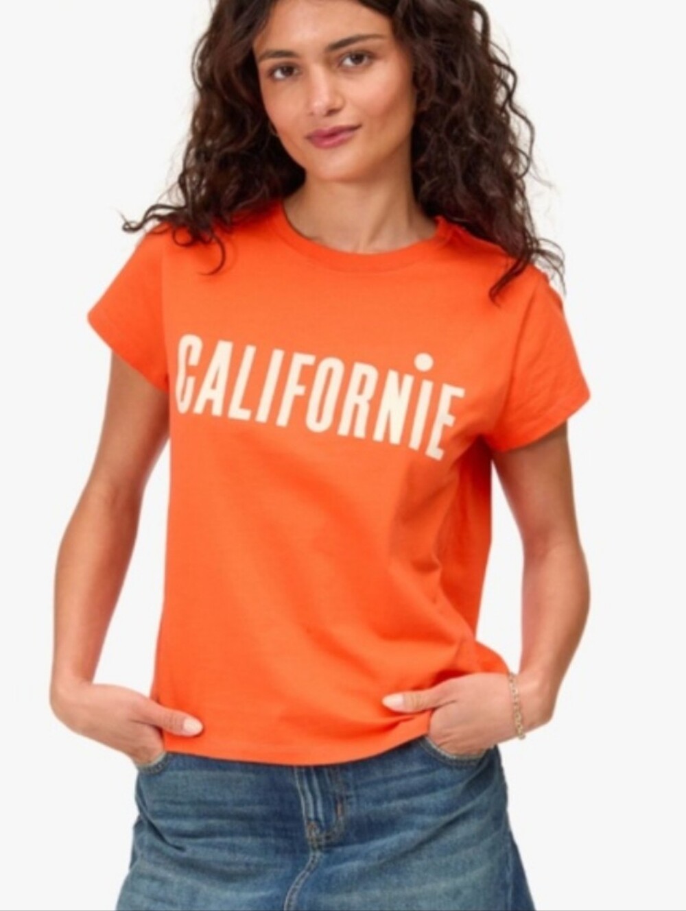 Clare V Classic Short Sleeve Graphic Tee CALIFORNIE Scarlet Orange Size Medium